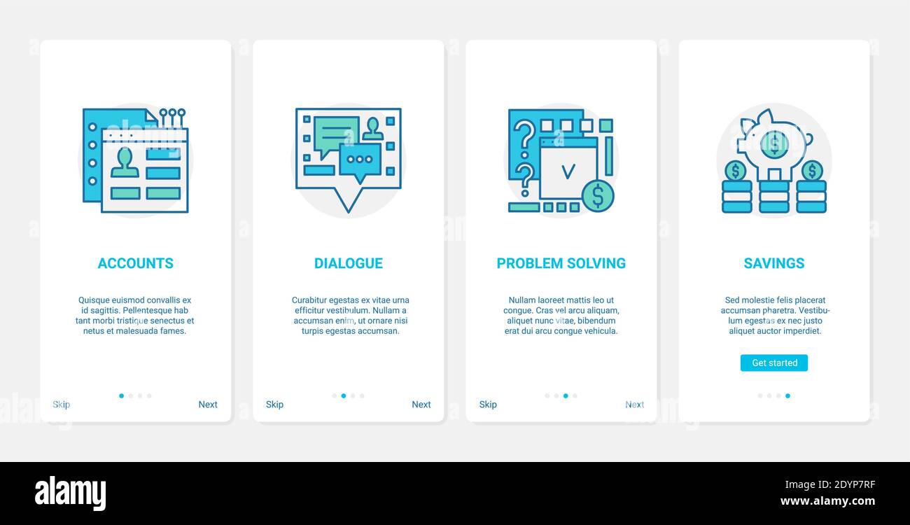 Digital marketing, Customer Support Service Technology illustrazione vettoriale. UX, UI onboarding mobile app page screen set with line problem solving dialog symbols, chat online, risparmio account Illustrazione Vettoriale