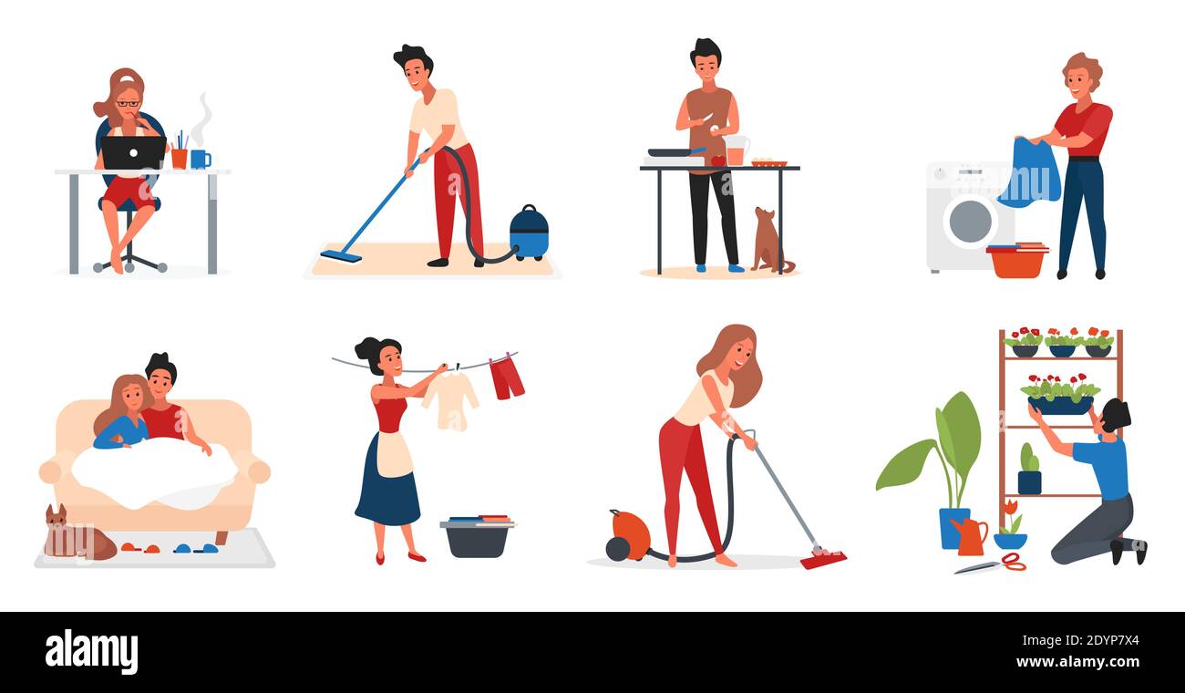Gruppo di illustrazioni vettoriali per attività domestiche. Cartoon attivo giovane coppia personaggi nella vita quotidiana, lavorando con il laptop, cucina, pulizia casa con aspirapolvere isolato su bianco Illustrazione Vettoriale