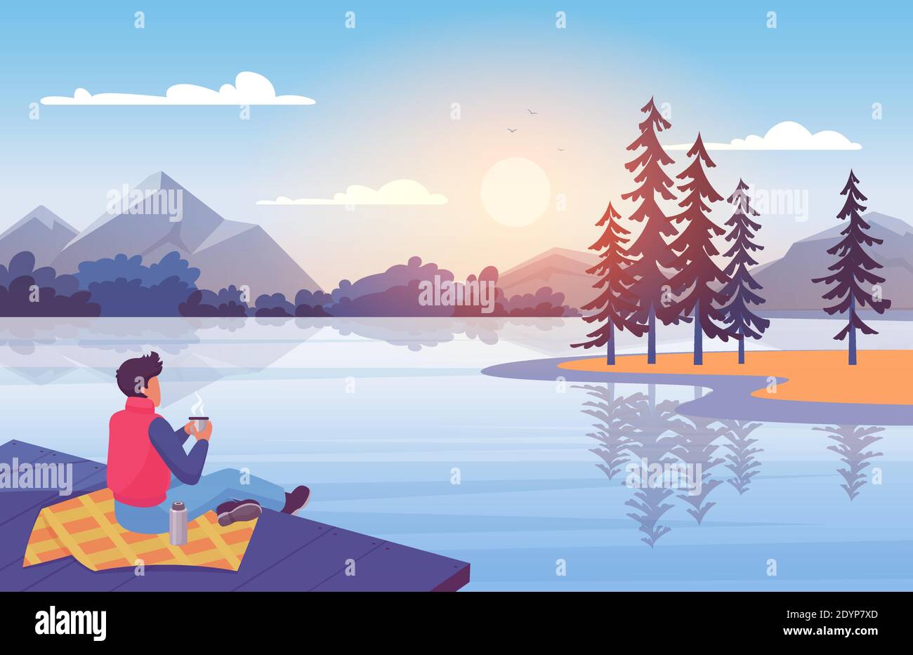 Goditi la natura con l'illustrazione vettoriale del tramonto. Personaggio di Cartoon giovane uomo seduto sul molo di legno, godendo di paesaggio naturale all'aperto, lago blu, isola con pini, montagne e sole sopra l'orizzonte Illustrazione Vettoriale