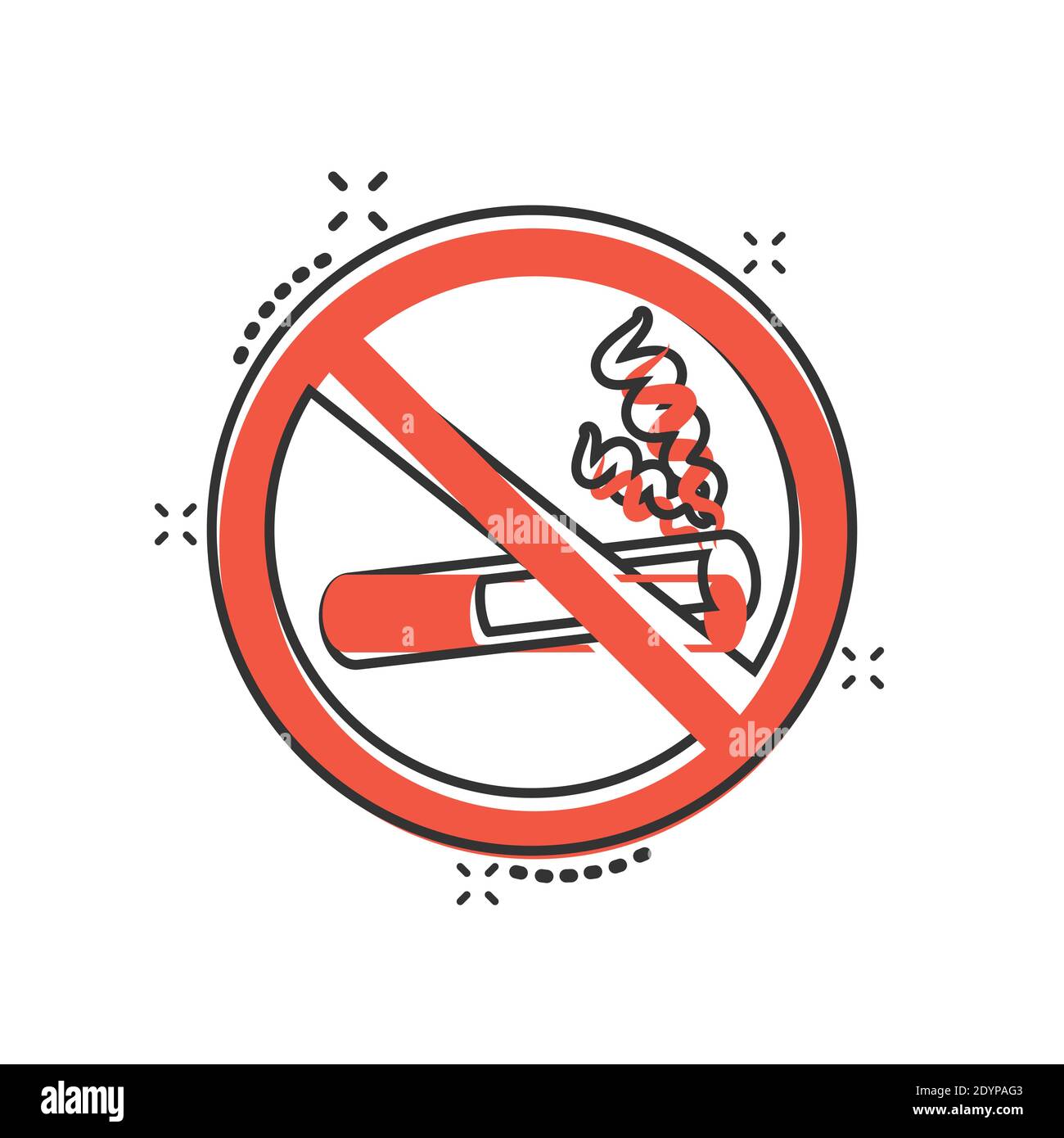 Icona di un cartello per non fumare in stile comico. Illustrazione vettoriale dei fumetti di sigaretta su sfondo bianco isolato. Nicotina splash effetto concetto di business. Illustrazione Vettoriale