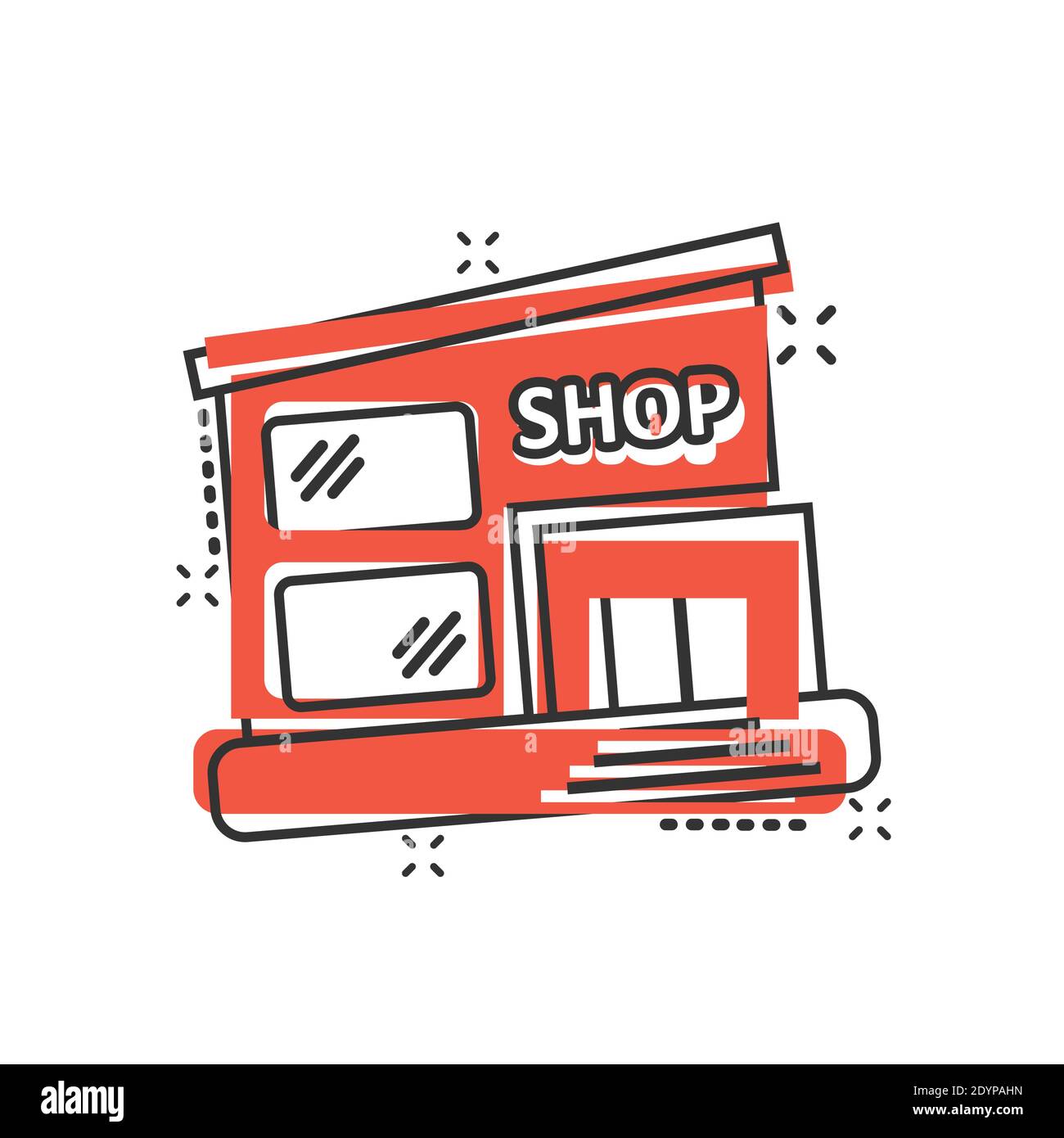 Icona Mall in stile comico. Memorizzazione di illustrazioni vettoriali su sfondo bianco isolato. Acquista Splash Effect business concept. Illustrazione Vettoriale