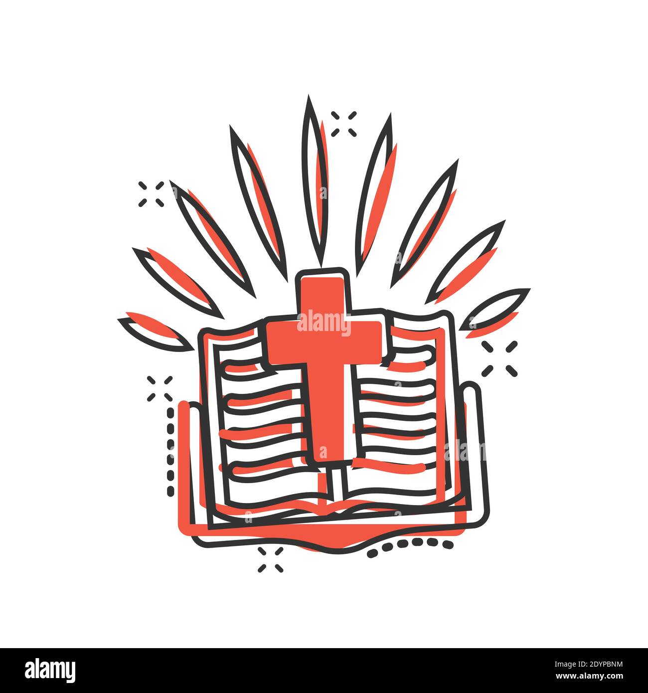 Icona del libro della Bibbia in stile comico. Chiesa fede cartoni animati illustrazione vettoriale su sfondo bianco isolato. Idea di business di Spirituality splash effect. Illustrazione Vettoriale