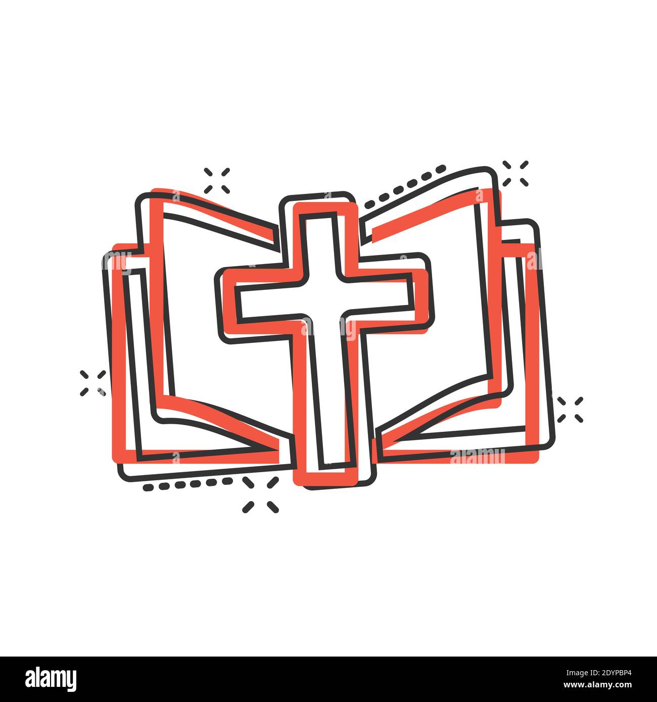 Icona del libro della Bibbia in stile comico. Chiesa fede cartoni animati illustrazione vettoriale su sfondo bianco isolato. Idea di business di Spirituality splash effect. Illustrazione Vettoriale
