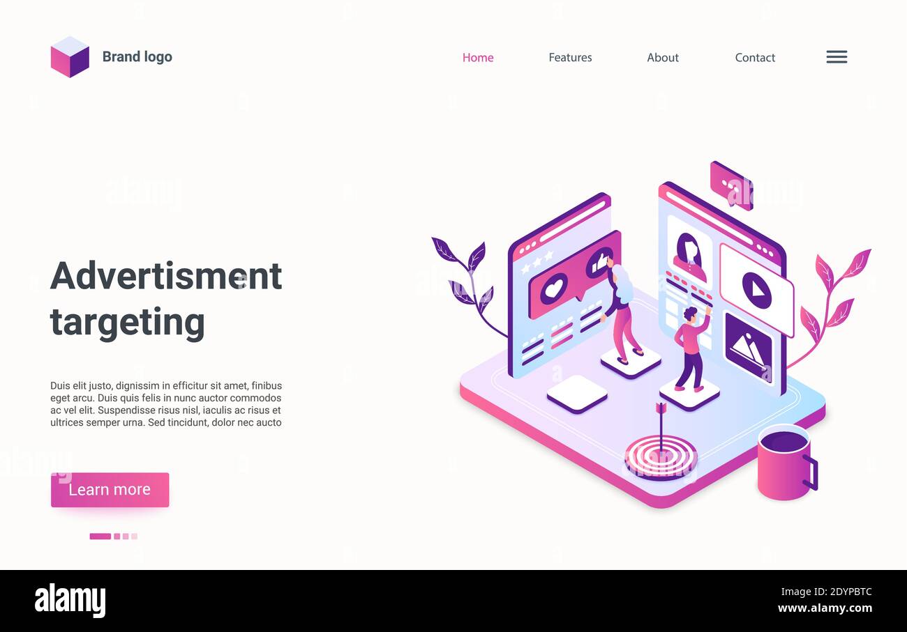 Pubblicità, marketing digitale e strategia di remarketing progettazione isometrica della landing page. Cartoon 3d marketing persone che lavorano online per la campagna di targeting in social media tecnologia illustrazione vettoriale Illustrazione Vettoriale