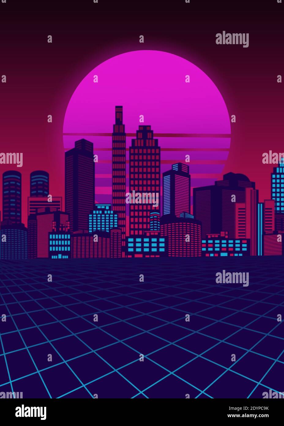 Un'illustrazione verticale di uno sfondo di cybercity con un futuristico concetto fantascientifico Foto Stock