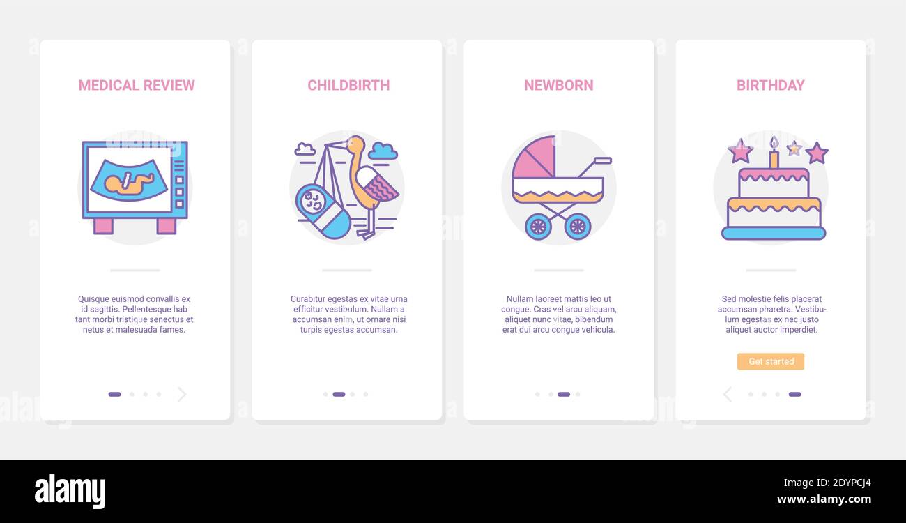 Illustrazione del vettore gravidanza/parto. UX, UI onboarding mobile app page set con linea passeggino neonato, ecografia gravidanza pancia ricerca medica, torta di compleanno bambino, simboli bambino Illustrazione Vettoriale