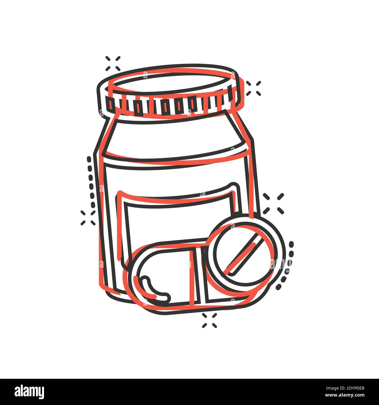 Icona della bottiglia di pillola in stile comico. Farmaci cartoni animati illustrazione vettoriale su sfondo bianco isolato. Farmacia splash effetto concetto di business. Illustrazione Vettoriale