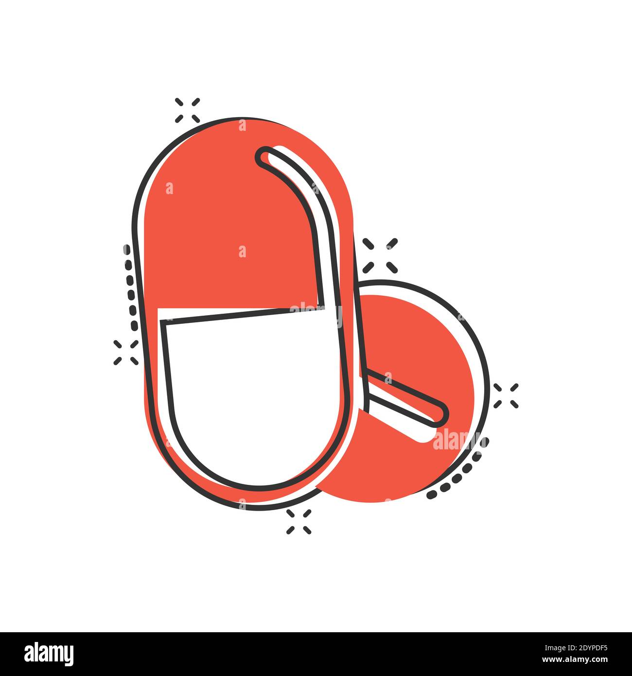 Icona della capsula della pillola in stile comico. Farmaci cartoni animati illustrazione vettoriale su sfondo bianco isolato. Farmacia splash effetto concetto di business. Illustrazione Vettoriale