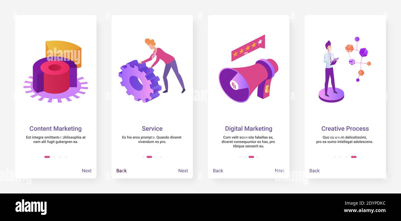 Illustrazione vettoriale cartoni animati del servizio di marketing digitale. UX, UI onboarding mobile app page set con esperti di marketing persone lavorano su analisi dei contenuti, processo creativo, tecnologia di sviluppo della strategia Illustrazione Vettoriale