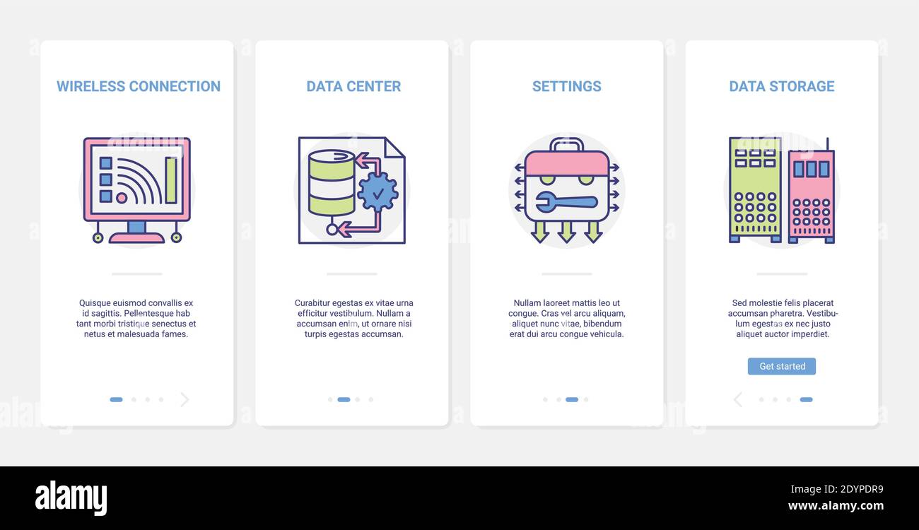 Impostazioni del data center, illustrazione vettoriale dello storage cloud. UX, UI onboarding mobile app page set con tecnologia di comunicazione internet wireless linea, i simboli della tecnologia di database infrastruttura digitale Illustrazione Vettoriale