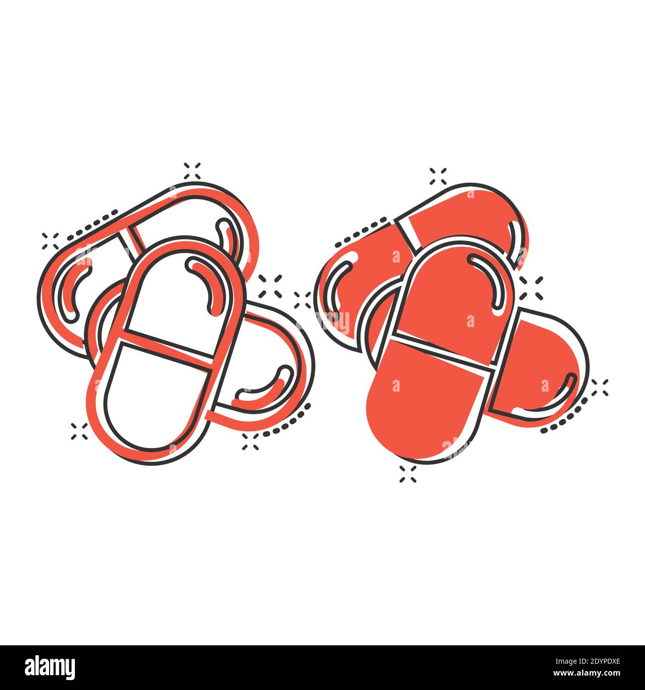 Icona della capsula della pillola in stile comico. Farmaci cartoni animati illustrazione vettoriale su sfondo bianco isolato. Farmacia splash effetto concetto di business. Illustrazione Vettoriale