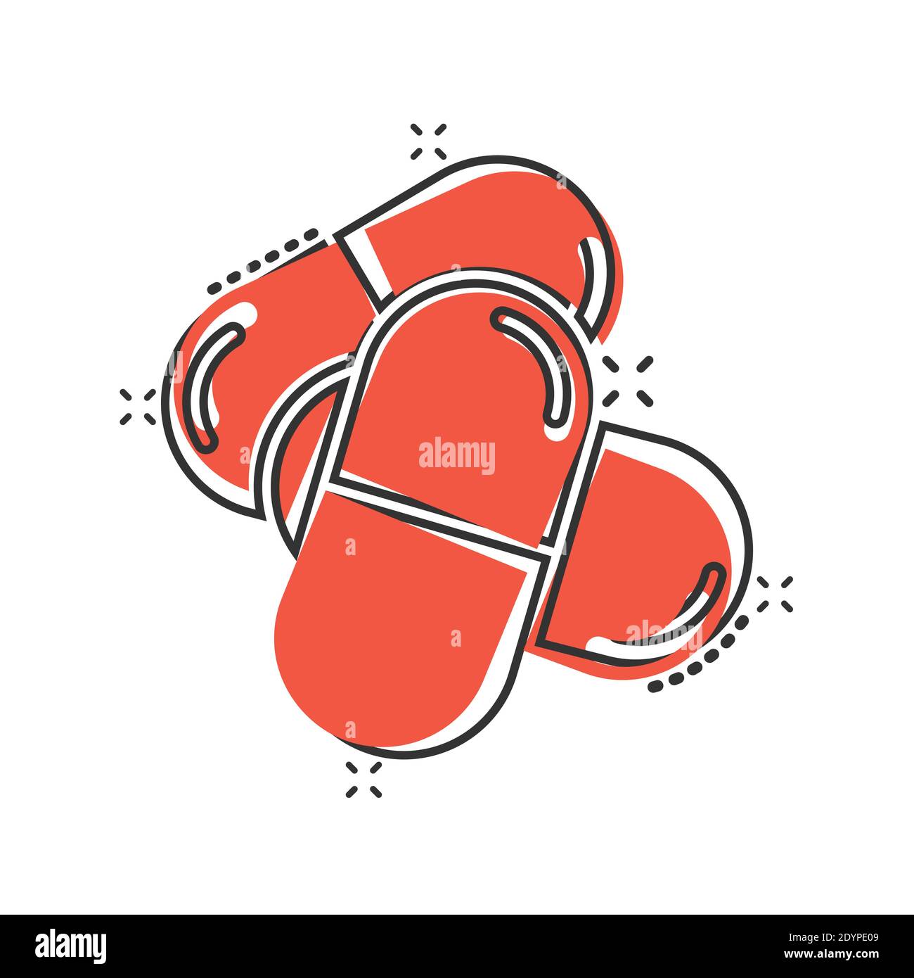 Icona della capsula della pillola in stile comico. Farmaci cartoni animati illustrazione vettoriale su sfondo bianco isolato. Farmacia splash effetto concetto di business. Illustrazione Vettoriale