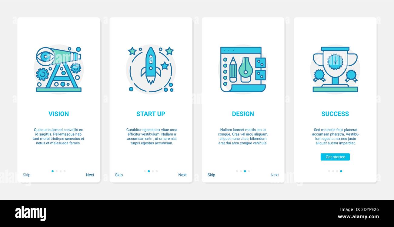 Illustrazione vettoriale della tecnologia di avvio di successo del marketing digitale. UX, progettazione di onboarding dell'interfaccia utente, set di pagine di app mobili con progetto di idea di successo di linea per strategia aziendale e visione creativa Illustrazione Vettoriale