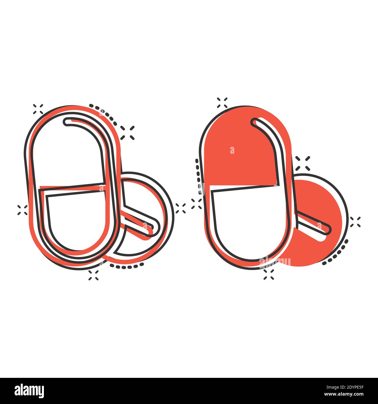 Icona della capsula della pillola in stile comico. Farmaci cartoni animati illustrazione vettoriale su sfondo bianco isolato. Farmacia splash effetto concetto di business. Illustrazione Vettoriale