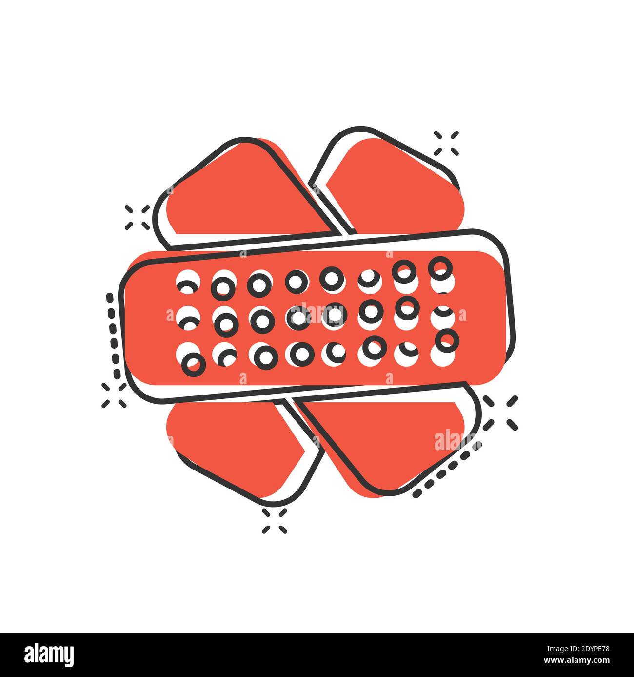 Icona di bandaggio in stile comico. Cartoni cartoni in cartoni su sfondo bianco isolato. Kit di pronto soccorso Splash Effect concetto aziendale. Illustrazione Vettoriale