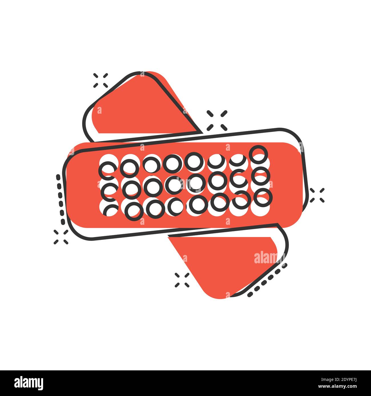 Icona di bandaggio in stile comico. Cartoni cartoni in cartoni su sfondo bianco isolato. Kit di pronto soccorso Splash Effect concetto aziendale. Illustrazione Vettoriale