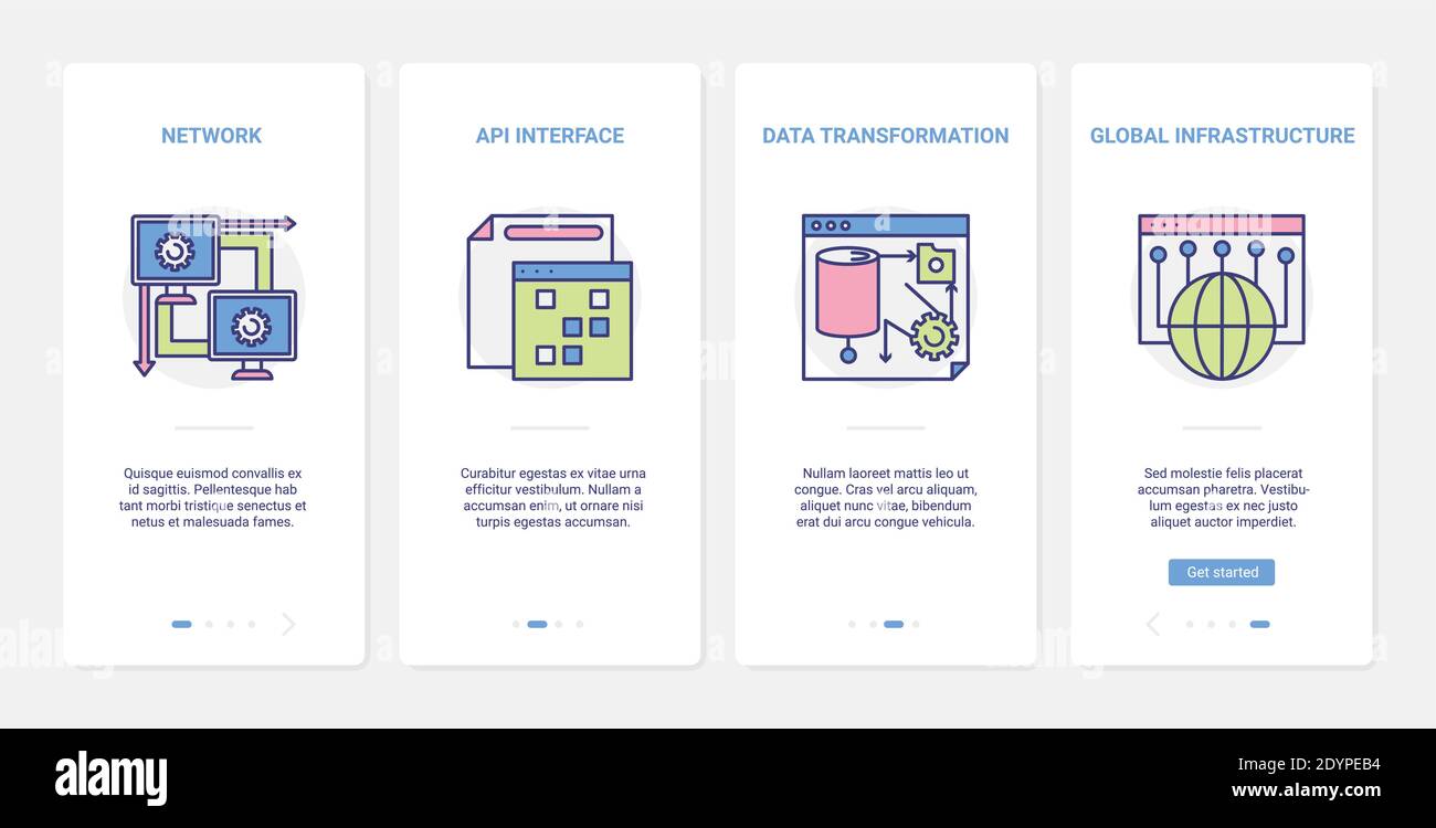 Trasformazione dei dati scientifici, illustrazione vettoriale dell'infrastruttura di rete globale. UX, UI onboarding mobile app page set con line api interfaccia utente simboli digitali tech, tecnologia di rete Illustrazione Vettoriale