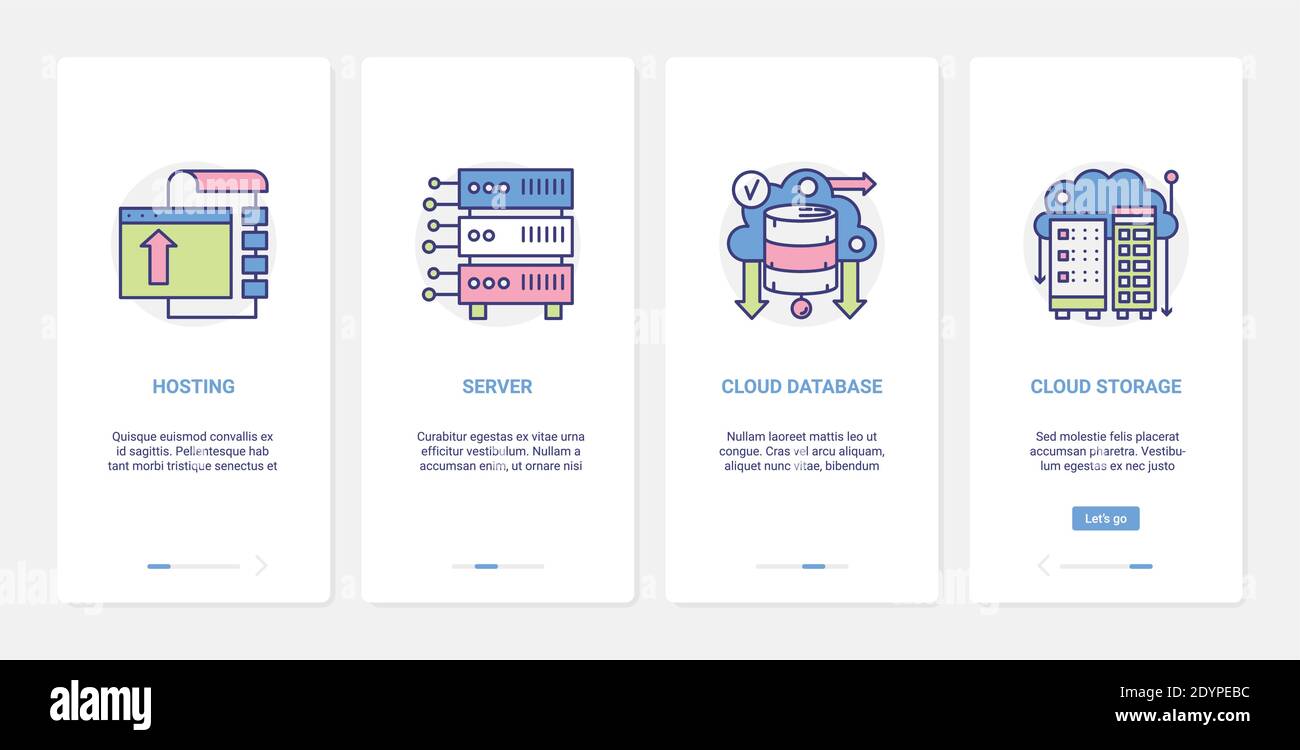 Illustrazione vettoriale della tecnologia di storage Data Cloud. UX, interfaccia utente onboarding mobile app page set con Tech line server database hosting, archiviazione di informazioni file system, Internet computer service Illustrazione Vettoriale