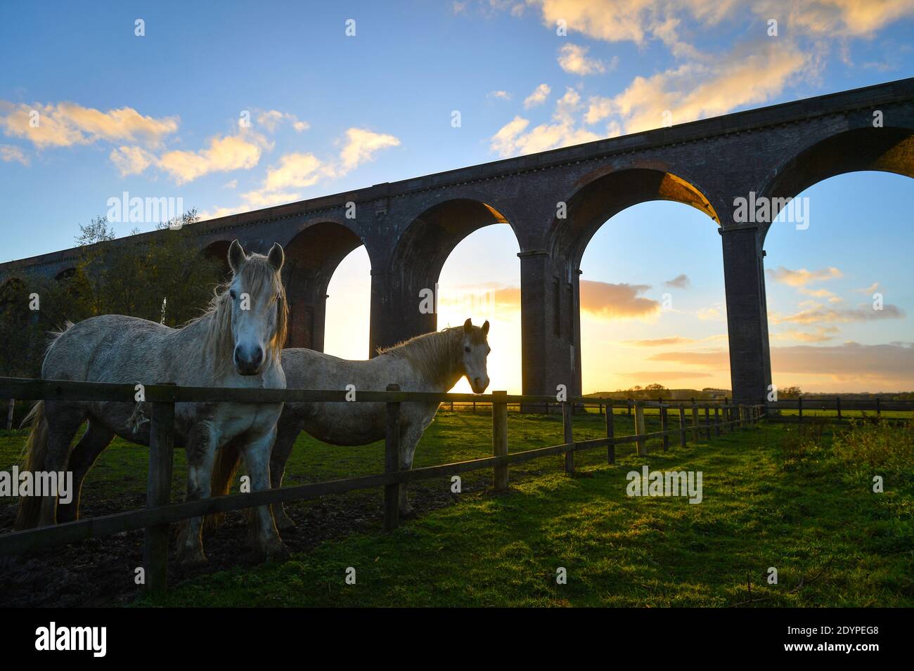 Il sole tramonta dietro il Viadotto di Harringworth, conosciuto anche come Welland Valley Viadotto sul confine del Rutland e Northamptonshire Foto Stock