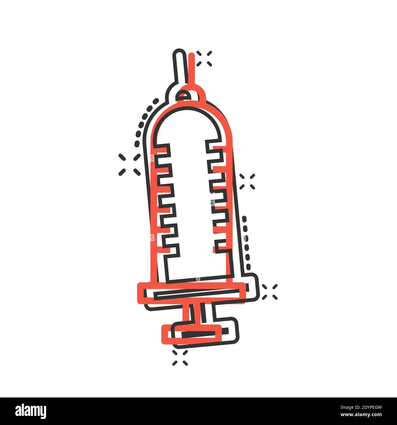 Icona della siringa in stile comico. Iniettare l'illustrazione vettoriale del cartone dell'ago su sfondo bianco isolato. Concetto di business dell'effetto splash della dose di farmaco. Illustrazione Vettoriale