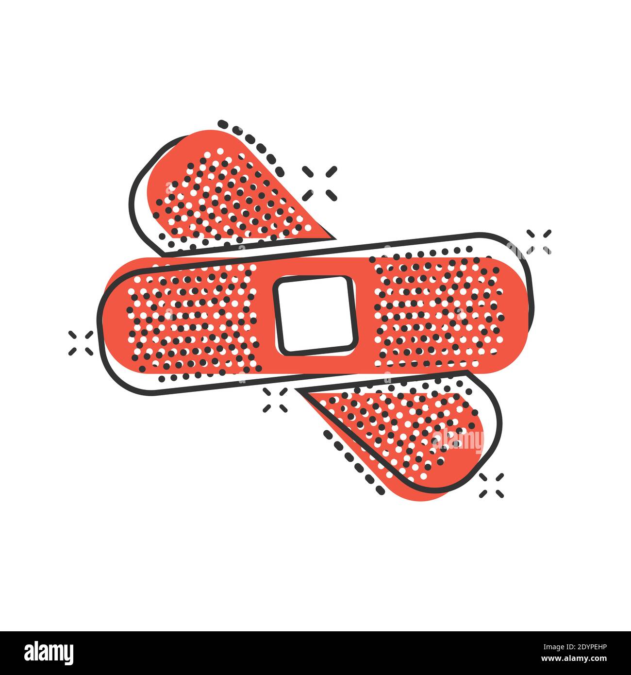 Icona di bandaggio in stile comico. Cartoni cartoni in cartoni su sfondo bianco isolato. Kit di pronto soccorso Splash Effect concetto aziendale. Illustrazione Vettoriale