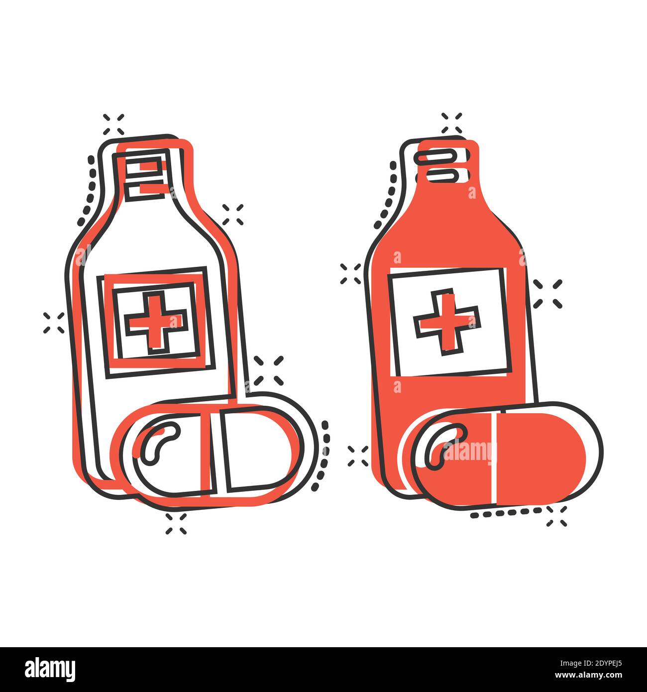 Icona della bottiglia di pillola in stile comico. Farmaci cartoni animati illustrazione vettoriale su sfondo bianco isolato. Farmacia splash effetto concetto di business. Illustrazione Vettoriale
