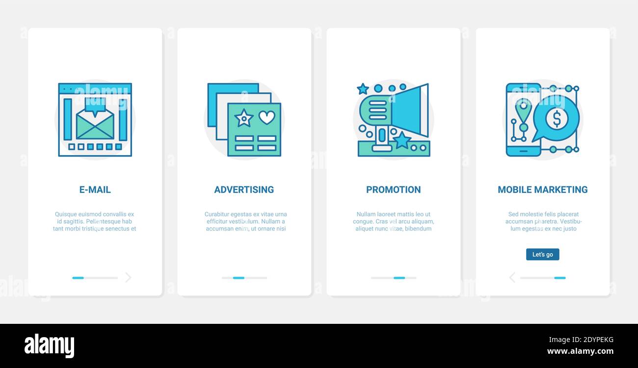 Illustrazione vettoriale della tecnologia dell'annuncio pubblicitario digitale. UX, UI onboarding mobile app page screen ads set con line e-mail pubblicità, megaphone promozione in simboli di social media, branding business Illustrazione Vettoriale