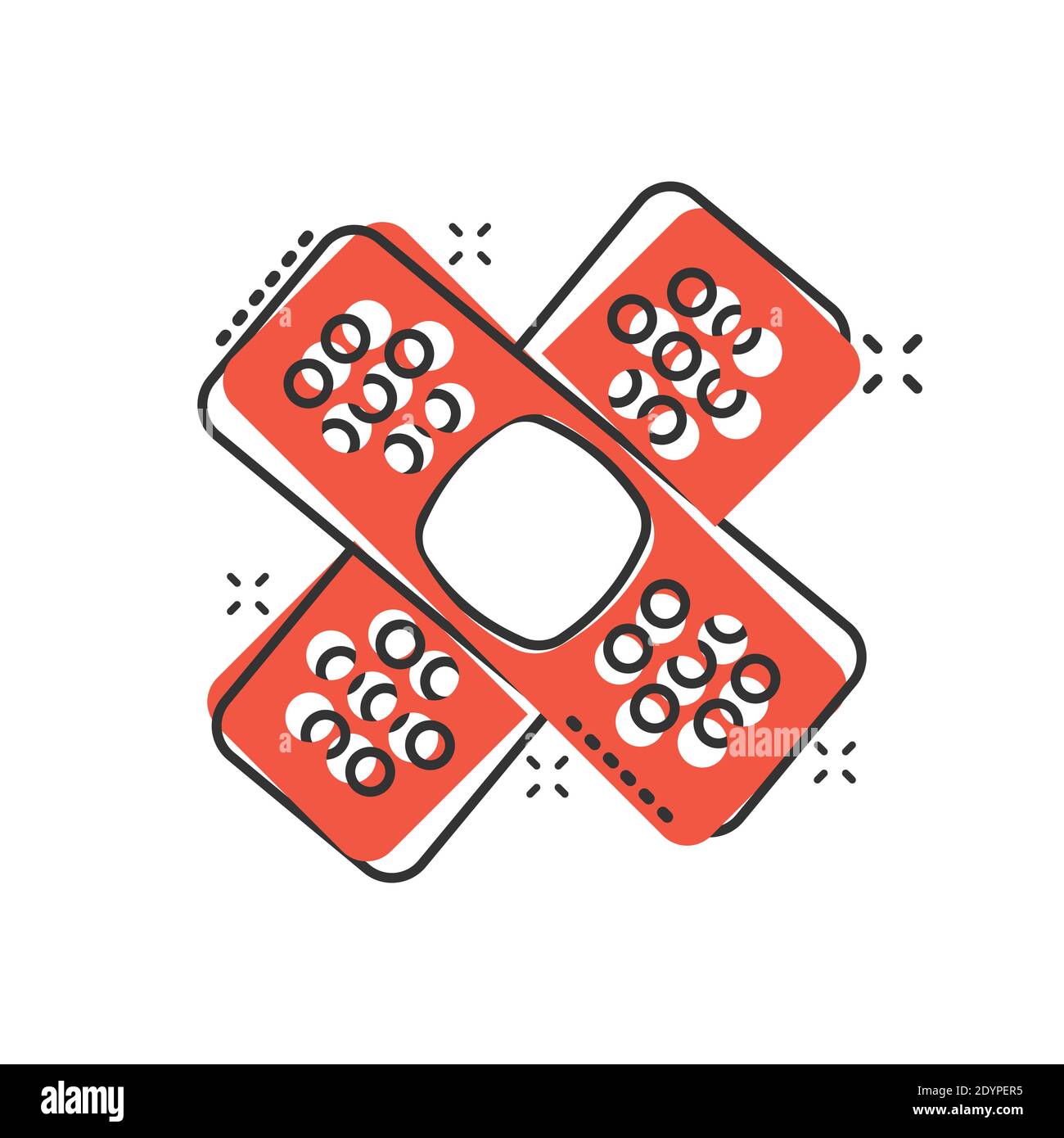 Icona di bandaggio in stile comico. Cartoni cartoni in cartoni su sfondo bianco isolato. Kit di pronto soccorso Splash Effect concetto aziendale. Illustrazione Vettoriale