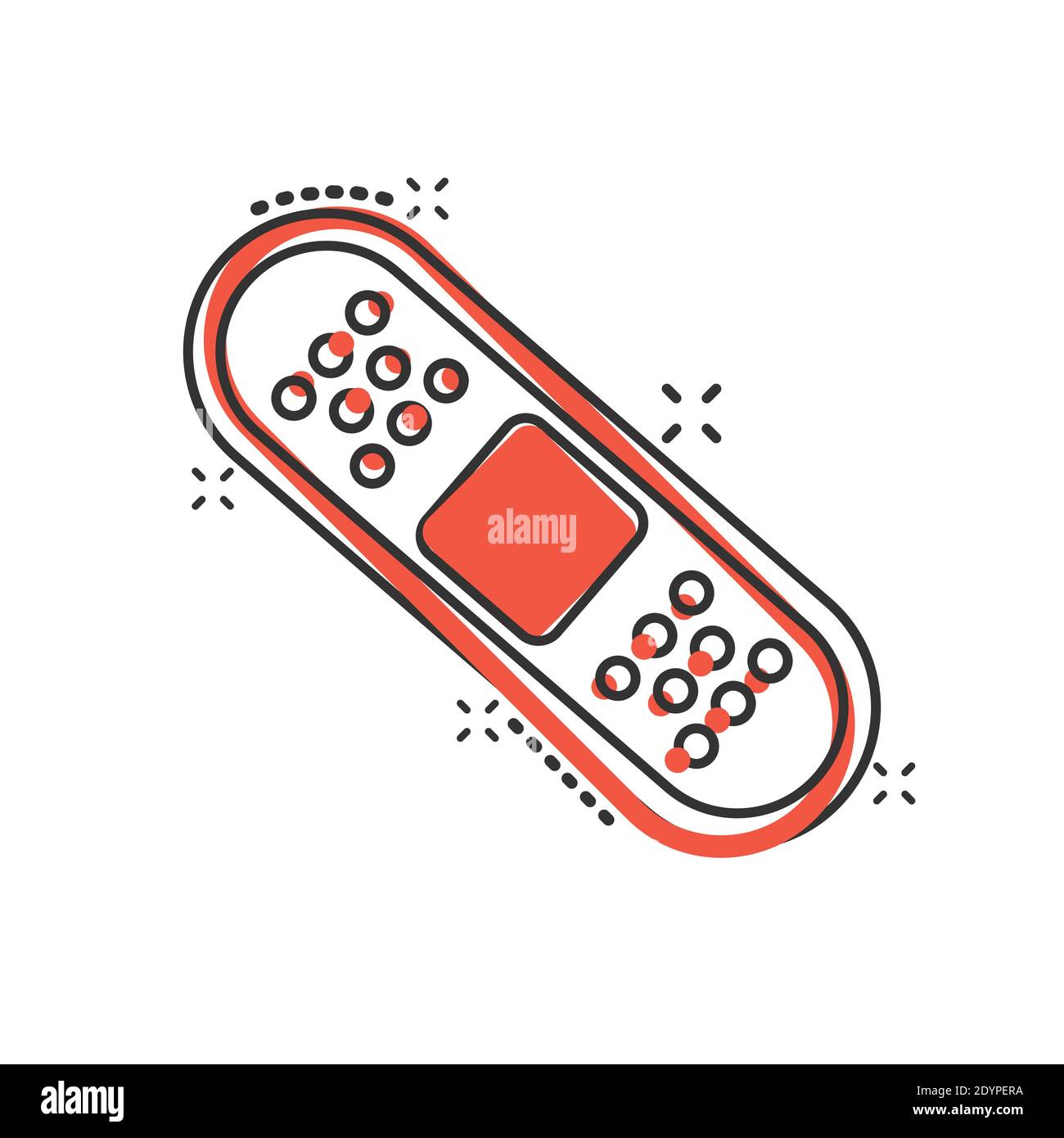 Icona di bandaggio in stile comico. Cartoni cartoni in cartoni su sfondo bianco isolato. Kit di pronto soccorso Splash Effect concetto aziendale. Illustrazione Vettoriale