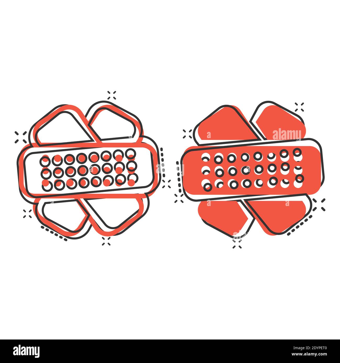 Icona di bandaggio in stile comico. Cartoni cartoni in cartoni su sfondo bianco isolato. Kit di pronto soccorso Splash Effect concetto aziendale. Illustrazione Vettoriale