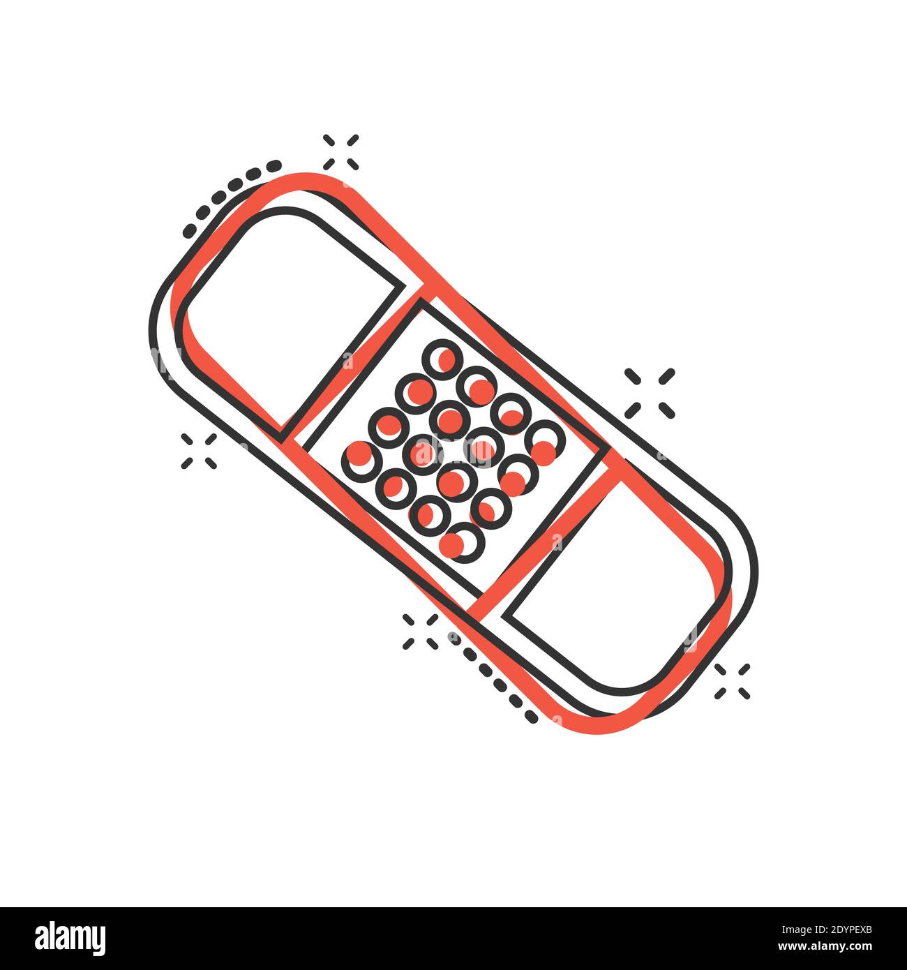 Icona di bandaggio in stile comico. Cartoni cartoni in cartoni su sfondo bianco isolato. Kit di pronto soccorso Splash Effect concetto aziendale. Illustrazione Vettoriale