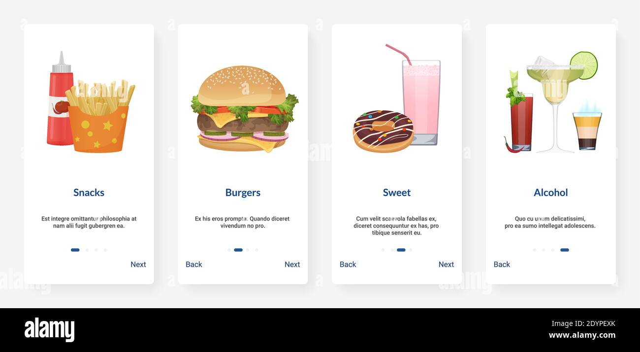 Fast food drink menu cartoon illustrazione vettoriale. UX, UI onboarding mobile app page set con fast food caffè takeaway hamburger e patatine fritte, frappè e dolce dessert, bere cocktail alcolici Illustrazione Vettoriale