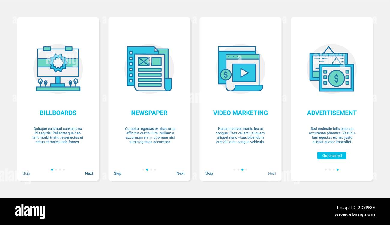 Marketing digitale, illustrazione vettoriale della tecnologia pubblicitaria. UX, UI onboarding mobile app page set con line video pubblicità on-line in social media blog, cartelloni o giornali Illustrazione Vettoriale