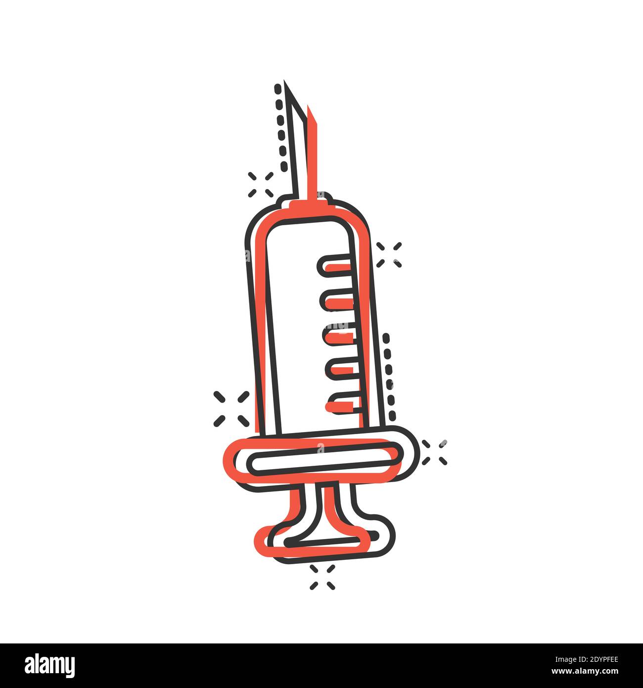 Icona della siringa in stile comico. Iniettare l'illustrazione vettoriale del cartone dell'ago su sfondo bianco isolato. Concetto di business dell'effetto splash della dose di farmaco. Illustrazione Vettoriale