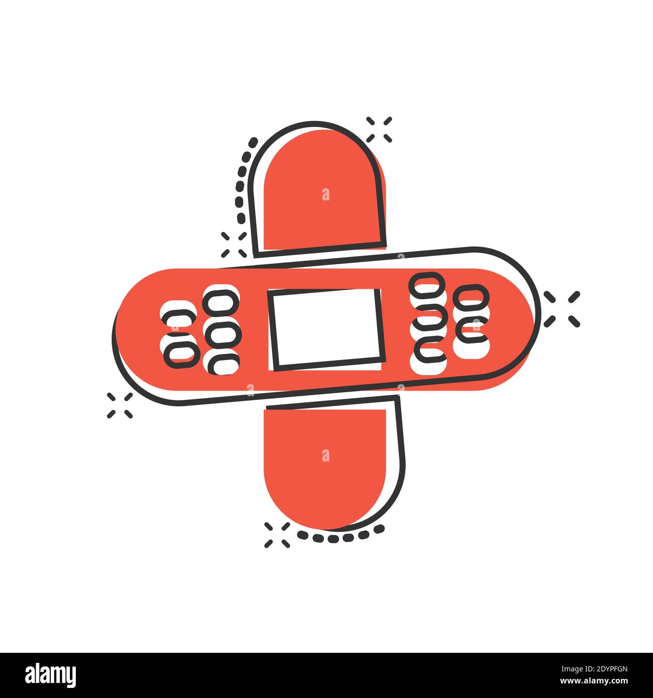 Icona di bandaggio in stile comico. Cartoni cartoni in cartoni su sfondo bianco isolato. Kit di pronto soccorso Splash Effect concetto aziendale. Illustrazione Vettoriale