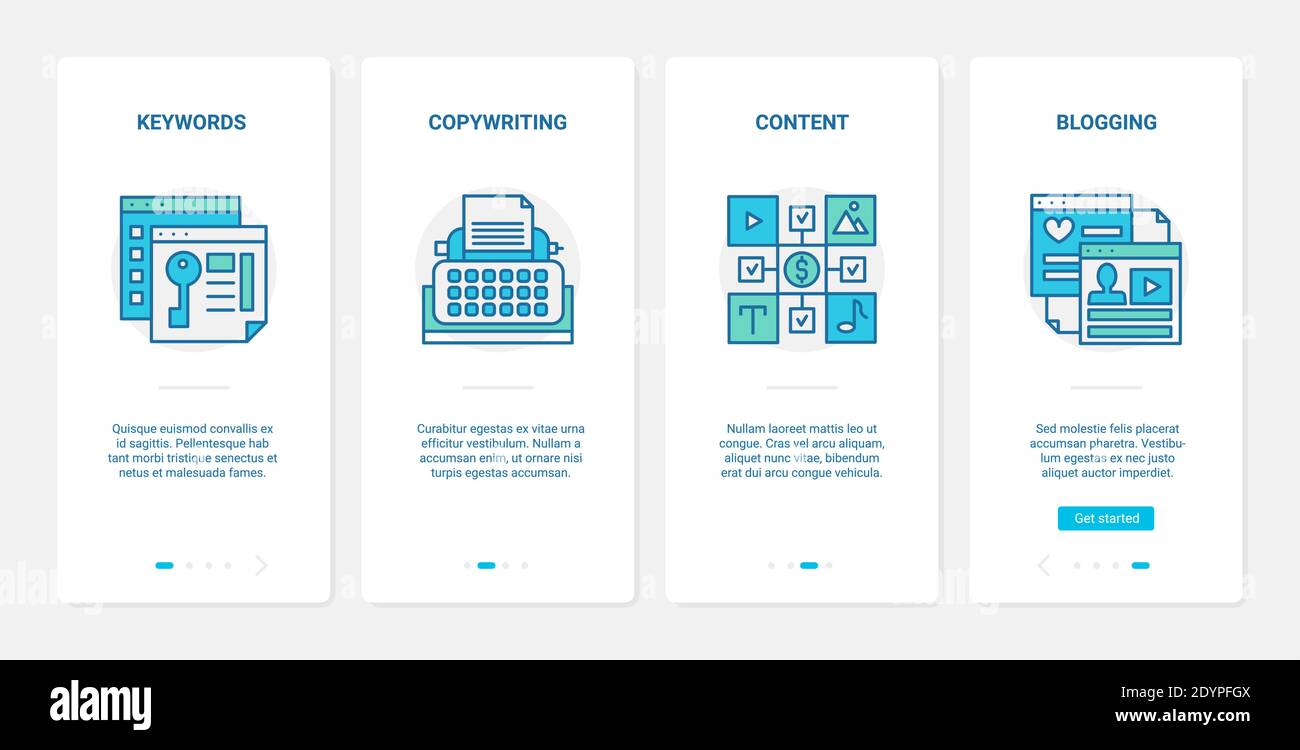 Marketing digitale seo metodi illustrazione vettoriale. UX, UI onboarding mobile app page set con line keying, copywriting per business blogging contenuto, parola chiave per commercio blog tecnologia Illustrazione Vettoriale