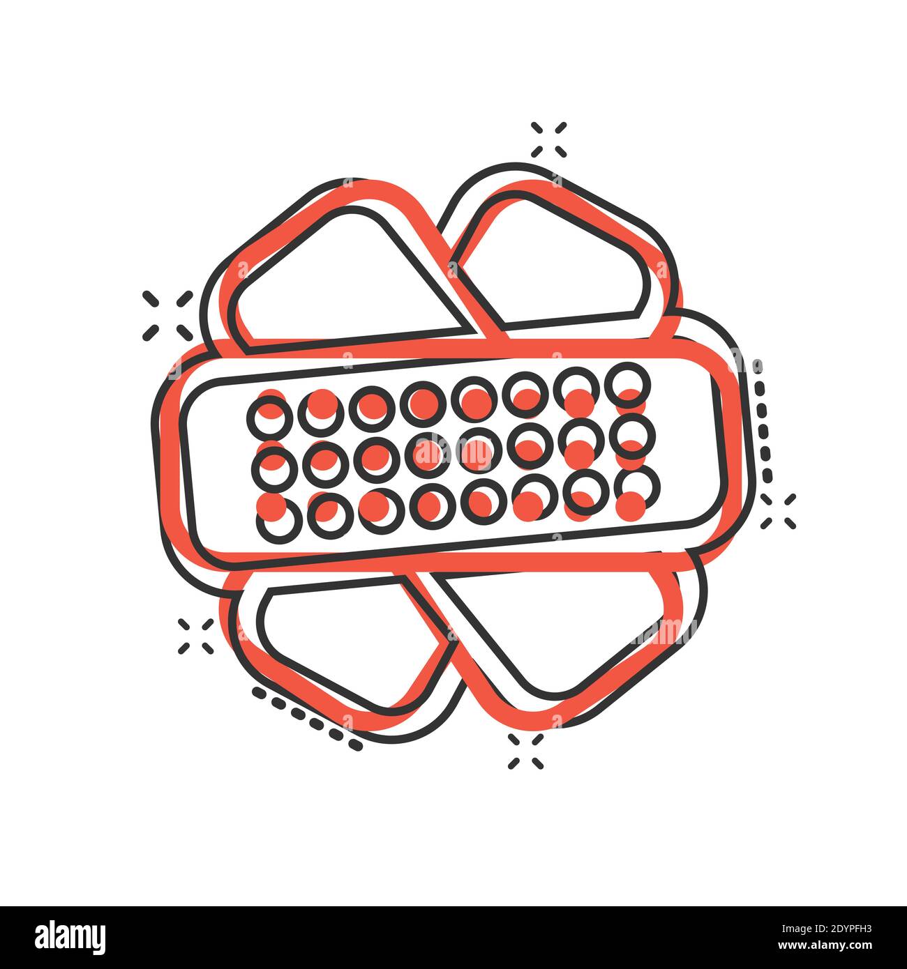 Icona di bandaggio in stile comico. Cartoni cartoni in cartoni su sfondo bianco isolato. Kit di pronto soccorso Splash Effect concetto aziendale. Illustrazione Vettoriale