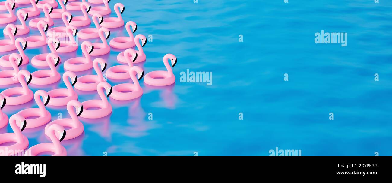 Mazzo di fenicotteri rosa che galleggiano nel mare. Summer Travel Concept 3d rendering illustrazione 3d Foto Stock