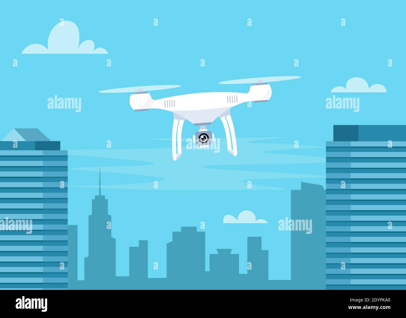 Drone con Action Camera. Air Video e Fotografia. Quadrocopter volante con fotocamera sulla città. Illustrazione vettoriale per banner Illustrazione Vettoriale