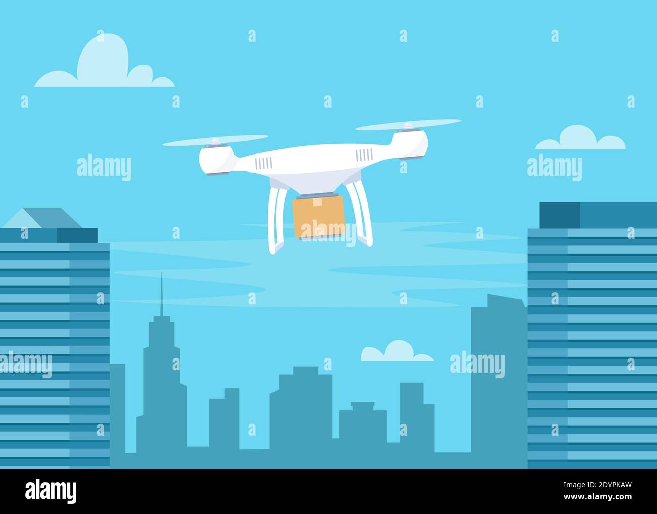 Drone di consegna con la scatola di cartone che sorvola la città. Quadricottero che trasporta un pacchetto al cliente. Innovazione tecnologica delle spedizioni. Drone delive Illustrazione Vettoriale