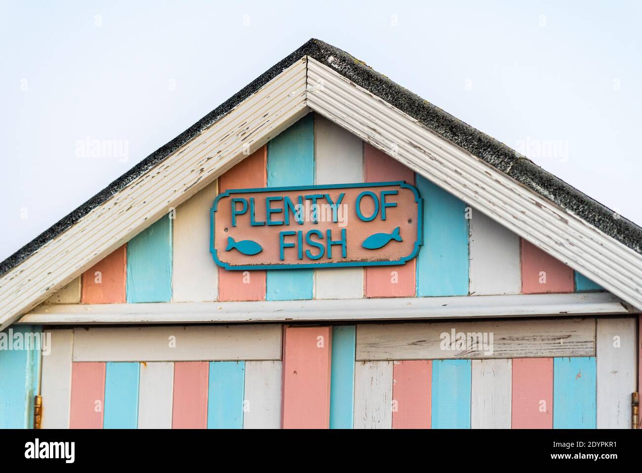 Plenty of Fish, capanna sulla spiaggia chiamata a Southend on Sea, Essex, Regno Unito. Capanna in legno a strisce pastello. Concetto Brexit Foto Stock