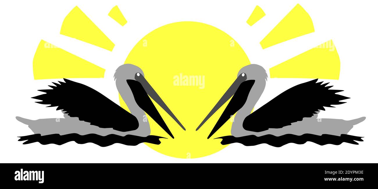 Due pellicani sullo sfondo del sole, eps10 illustrazione vettoriale astratta con spazio di copia per il tuo testo. Salvare gli animali selvatici. Illustrazione Vettoriale