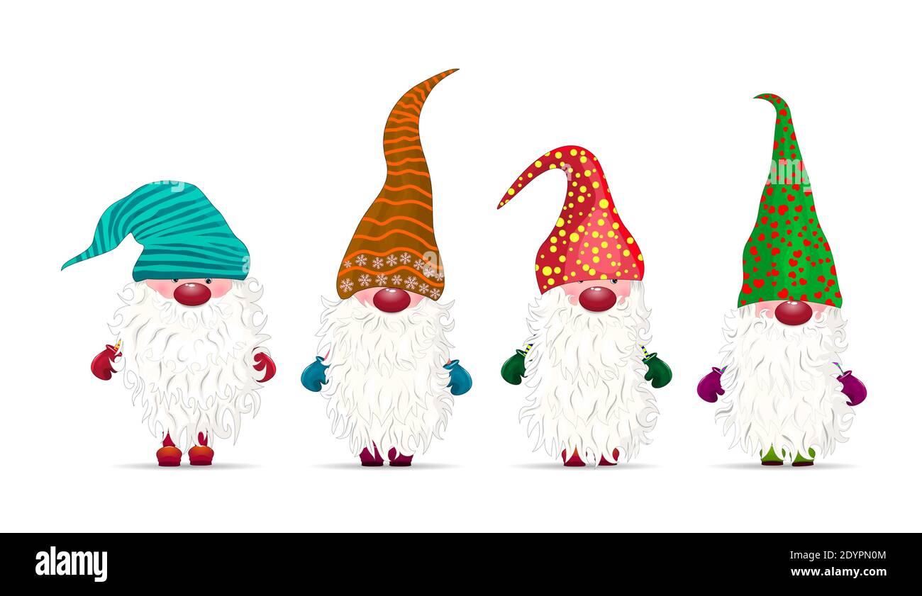 Collezione di gnomi su sfondo bianco. Personaggio di Natale. Nani con barbe e cappelli multicolore. Illustrazione Vettoriale