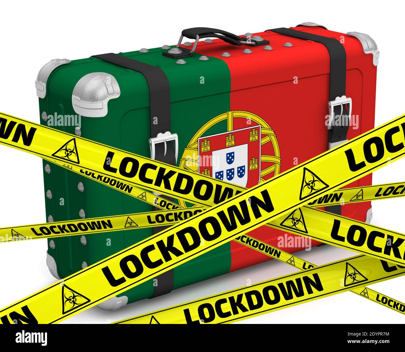 Il Portogallo è in blocco. Valigia retrò con la bandiera della Repubblica portoghese su una superficie bianca con nastri di avvertimento gialli che dicono LOCKDOWN Foto Stock