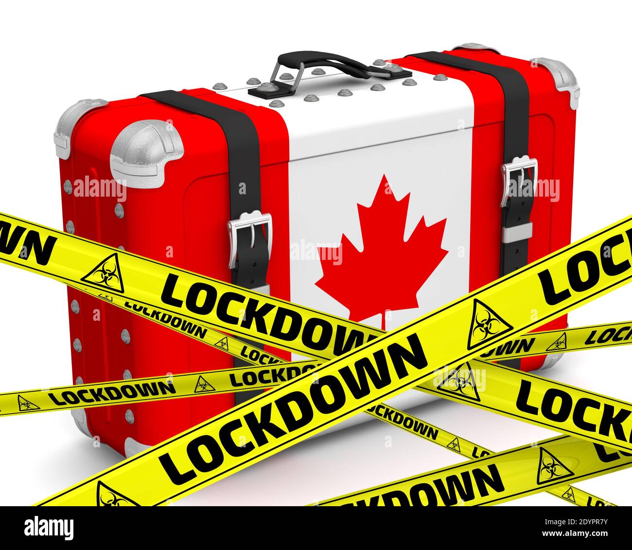Il Canada è in blocco. Valigia retrò con la bandiera del Canada (la foglia d'acero) su una superficie bianca con nastri di avvertimento gialli che dicono LOCKDOWN Foto Stock