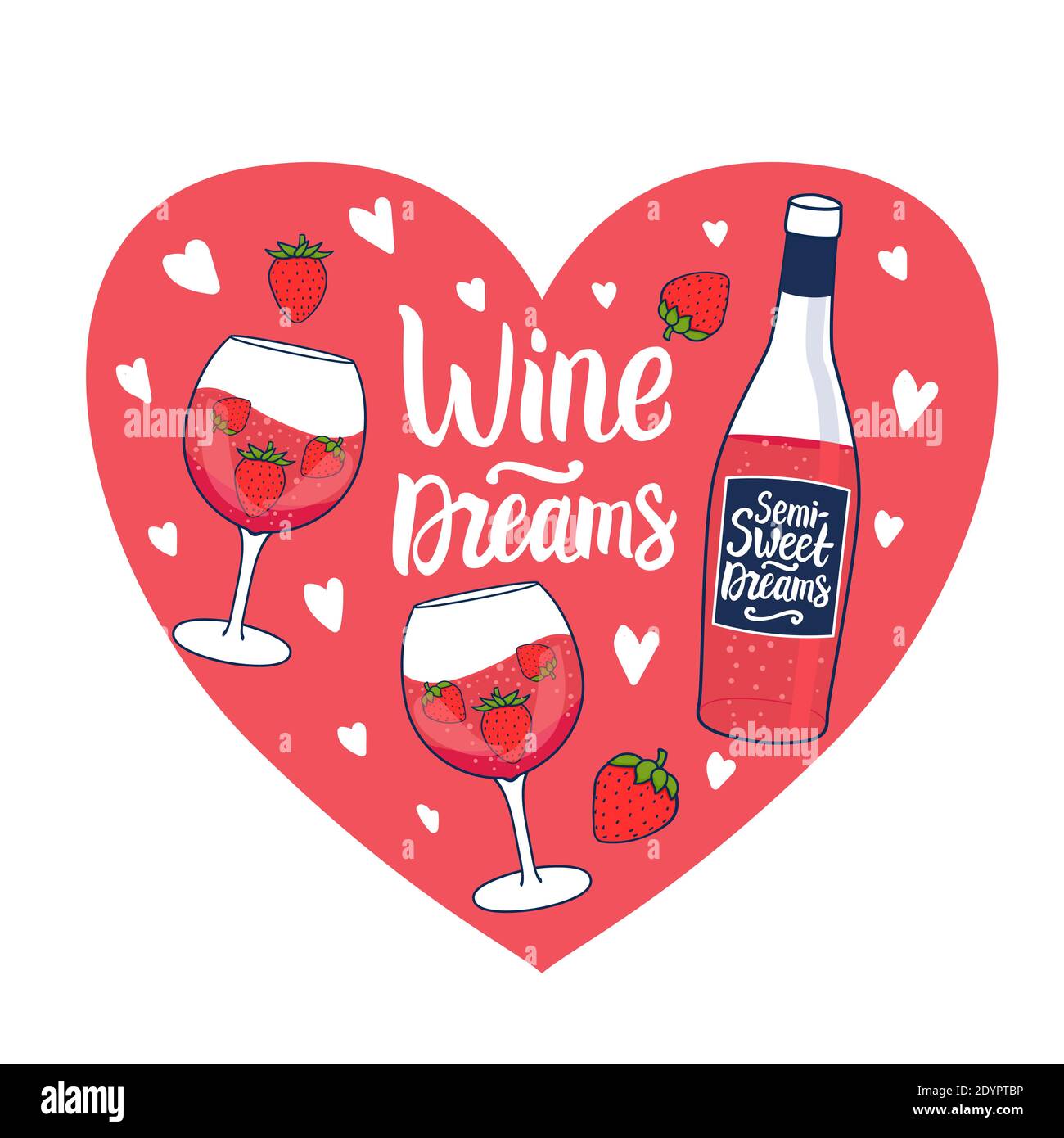 Iscrizione Wine Dreams. Vino rosato con fragola. Bottiglia disegnata a mano e verricello. Illustrazione vettoriale su cartoncino cardiaco rosa Illustrazione Vettoriale