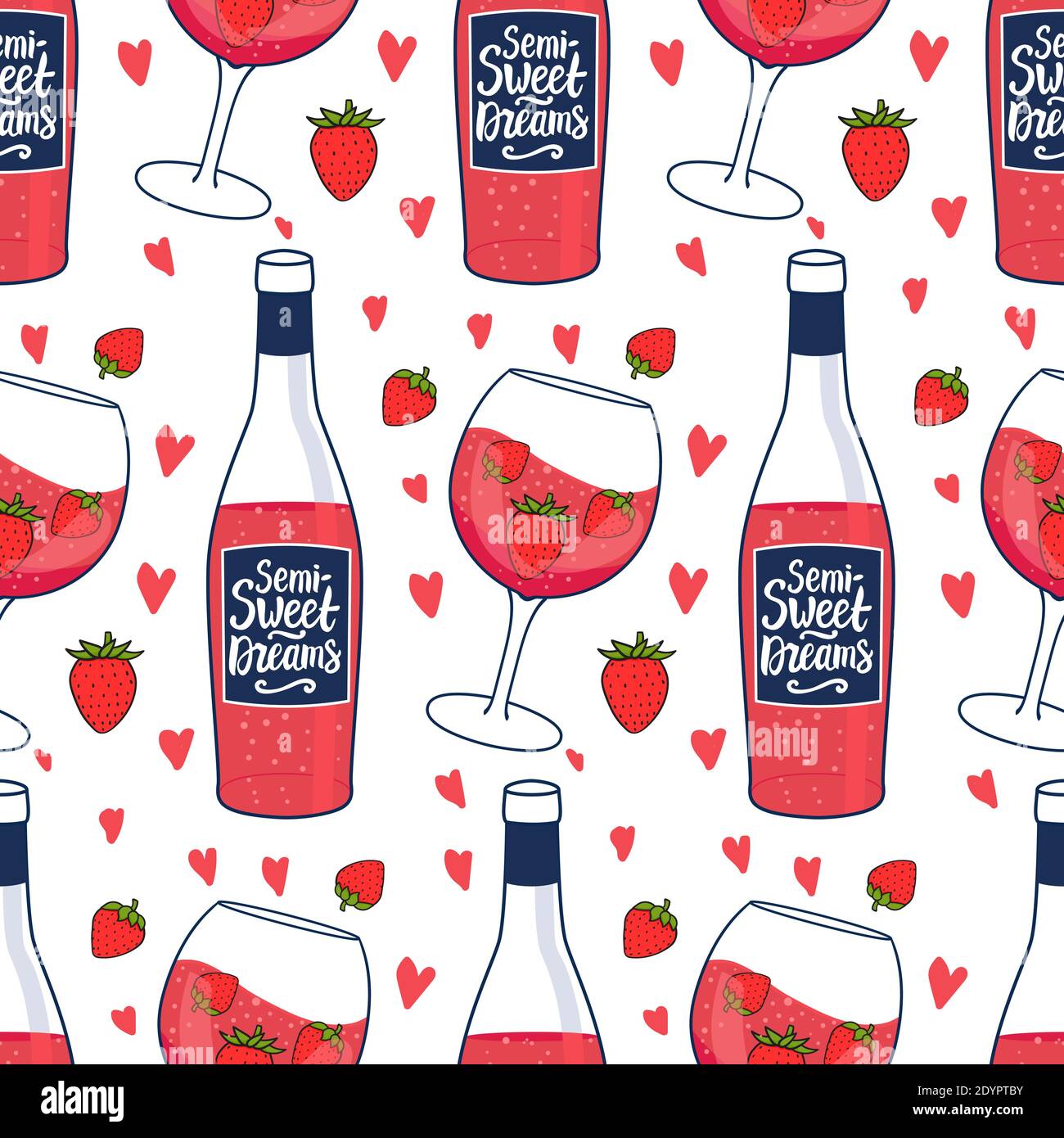 Bottiglia di vino rosa con motivo senza cuciture con iscrizione semi Sweet Dreams. Bevanda carina femminile in un wineglass con fragole. Illustrazione della mano vettoriale Illustrazione Vettoriale
