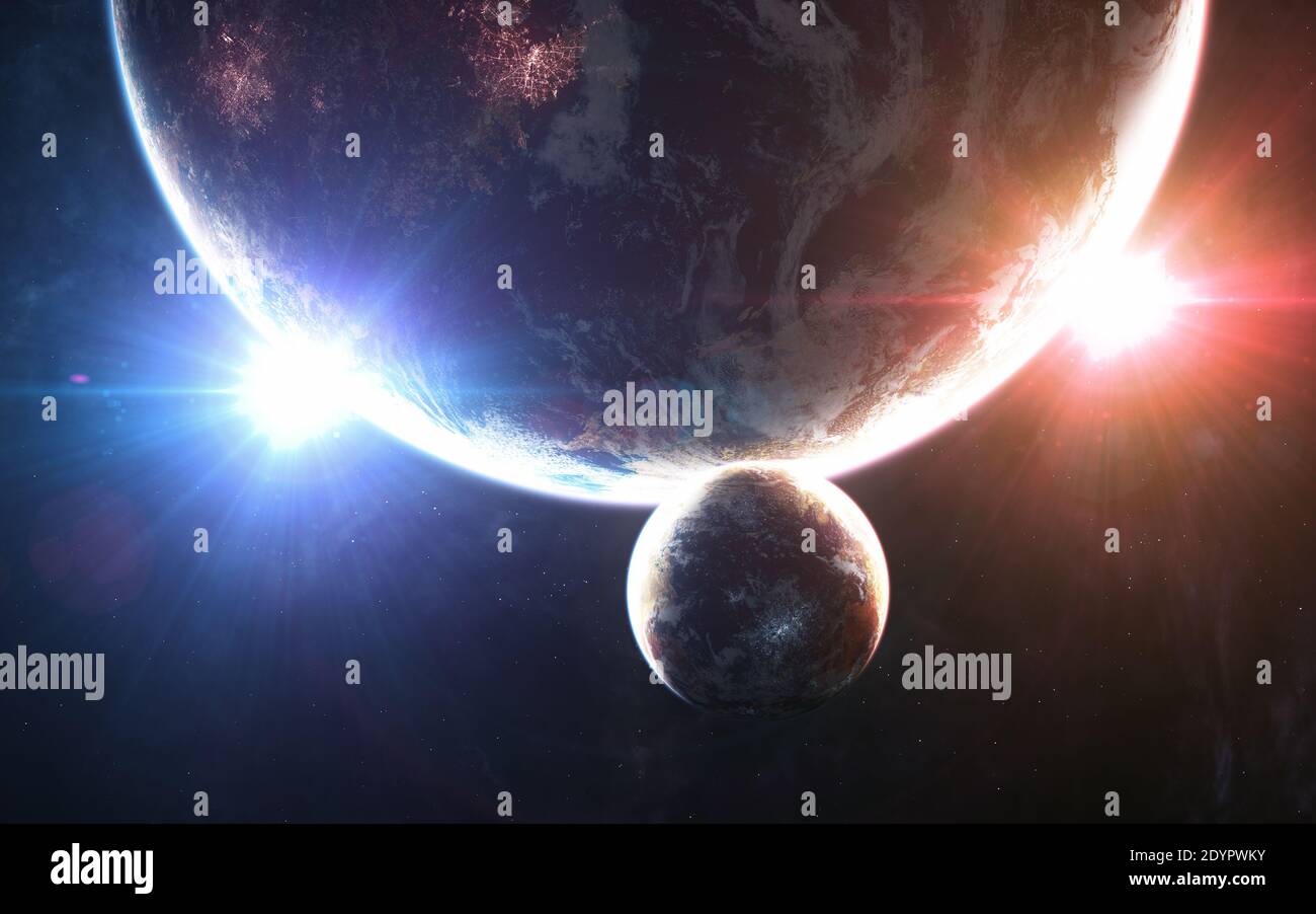 Pianeti abitati di spazio profondo. Aumento di stelle rosse e blu Foto Stock