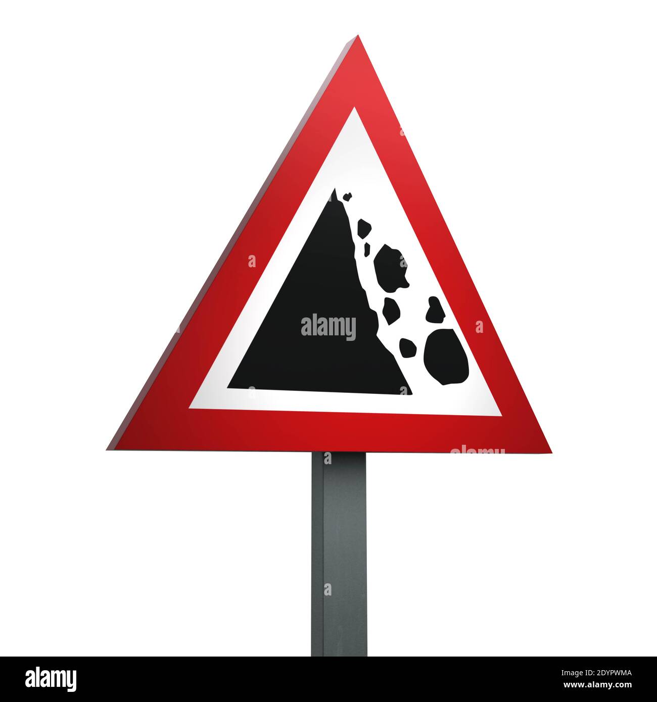 3D Render Road Sign of Falling Rocks isolato su un Sfondo bianco Foto Stock
