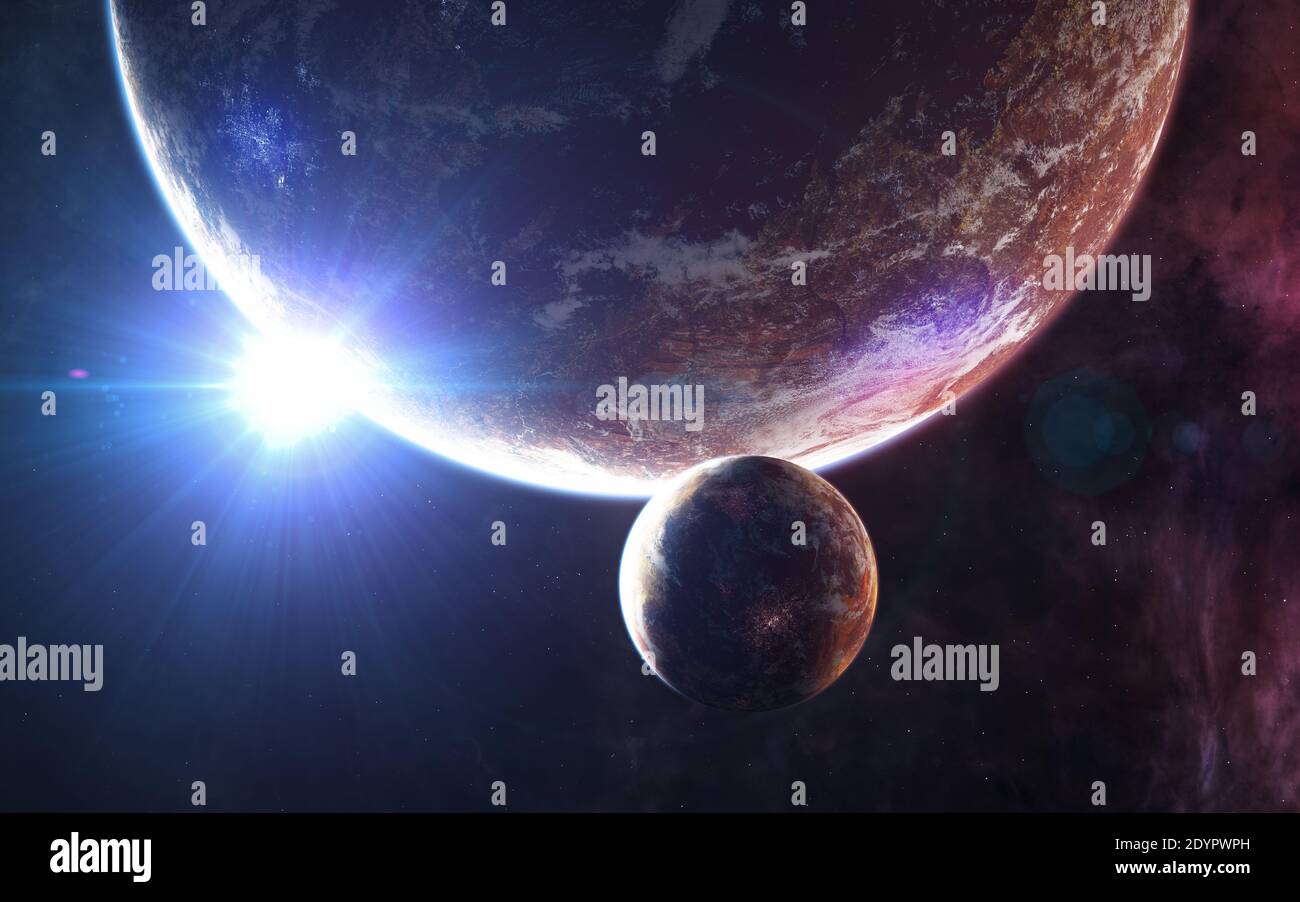 Pianeti abitati di spazio profondo. Aumento delle stelle blu Foto Stock